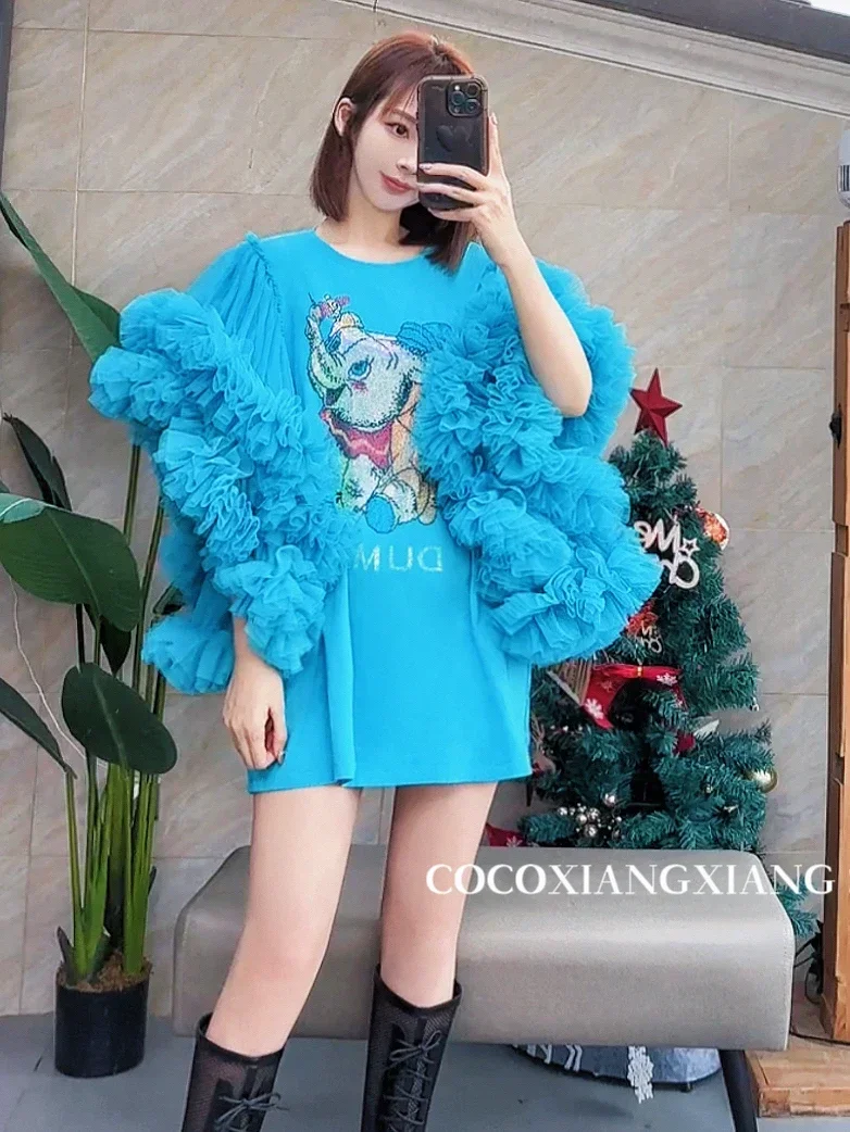 Fashion Brand Rhinestone Elephant Heavy Industry Puff Sleeves Mesh Stitching Cute Loose Mid-Length T-shirt Dress for Women