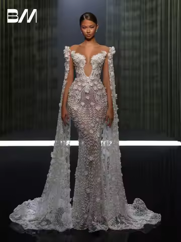 Floral Cap Sleeves Illusion Evening Dress Stylish Mermaid Customized Sewwtheart Prom Women Elegant Wedding Party Formal Wear