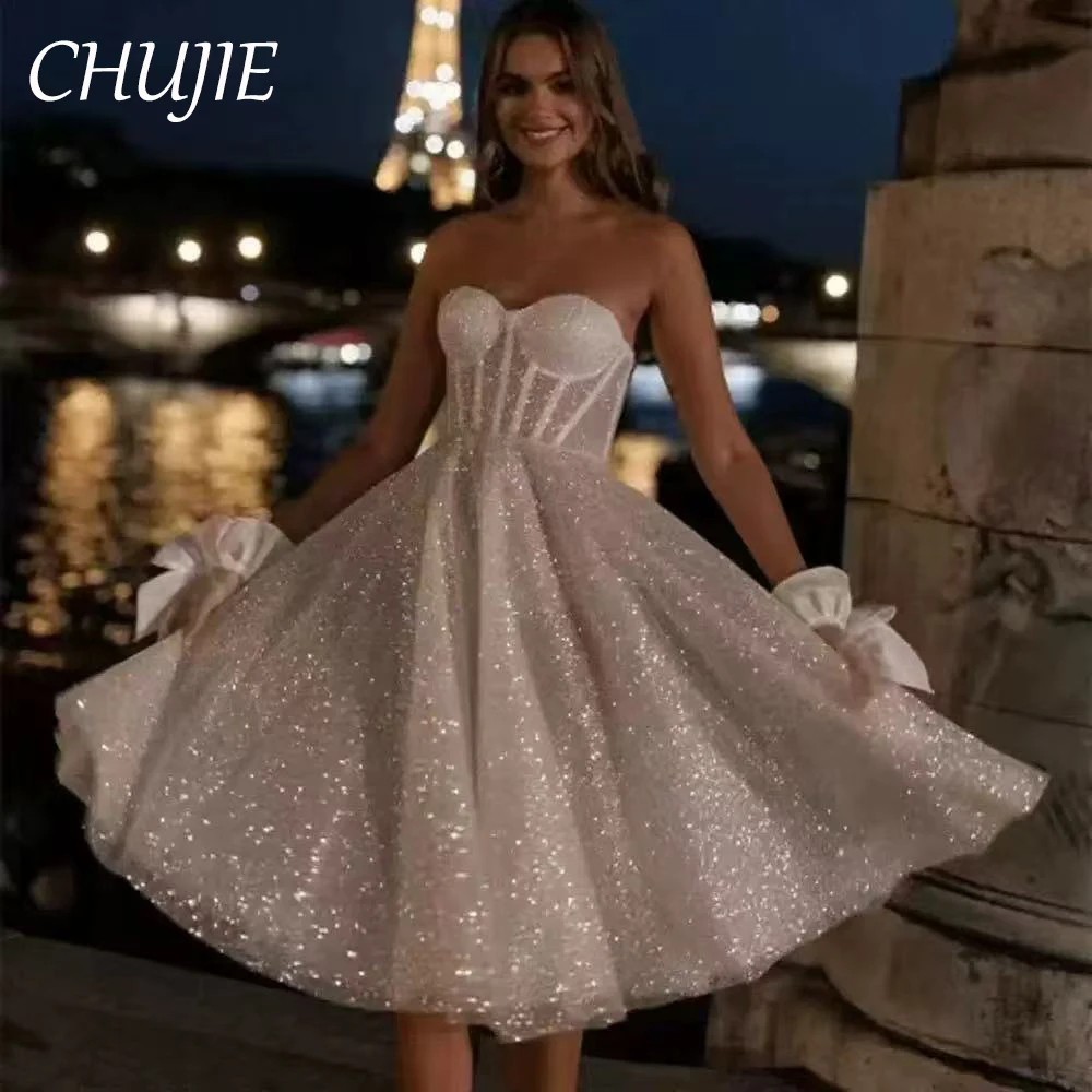 

CHUJIE Glitter White Wedding Dresses Porm Dress Customized Tea Length A Line Evening Party Gowns Vestidos De Fiesta Bridal Gowns