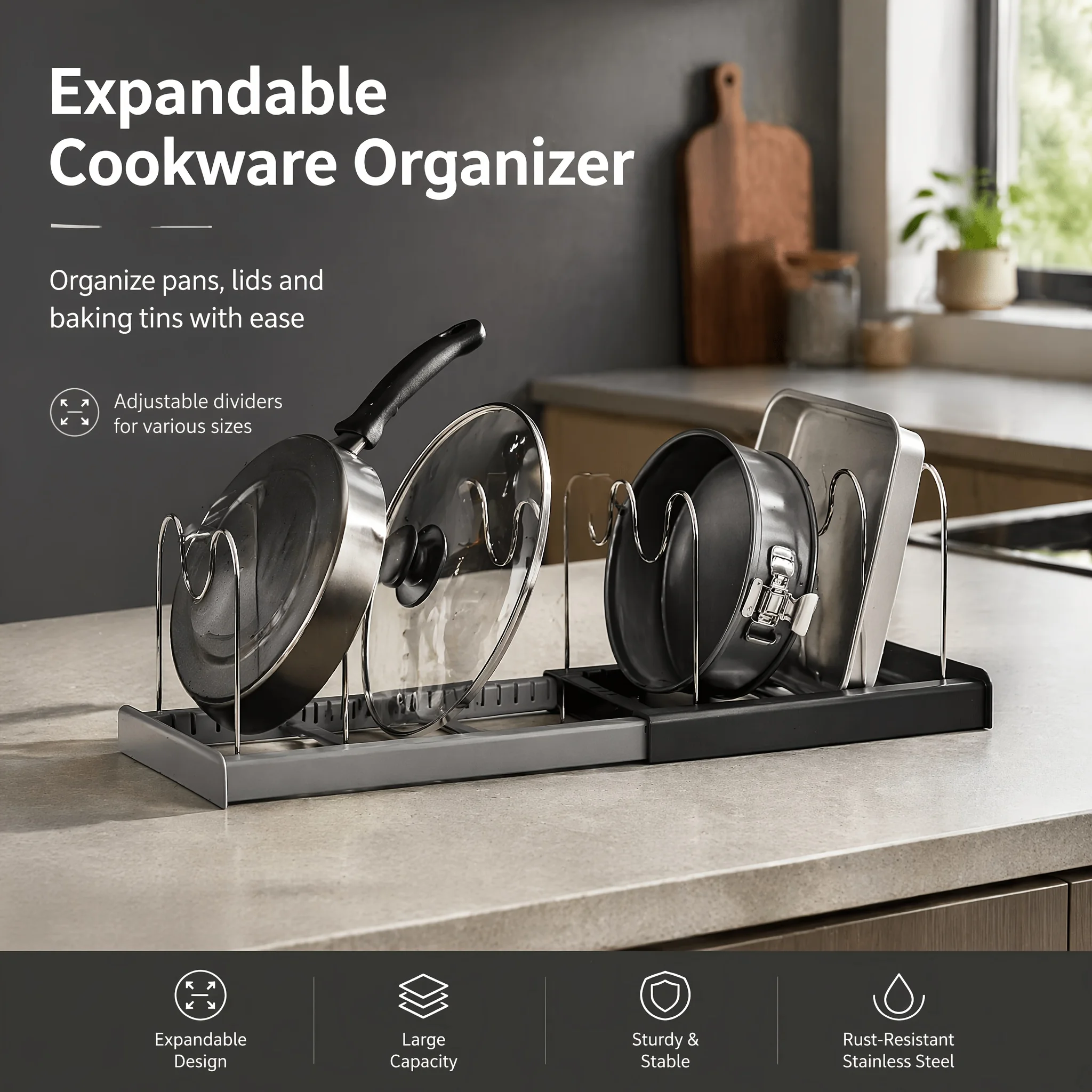 6 grids Kitchen Cabinet Organizers for Pots and Pans Expandable Stainless Steel Storage Rack Cutting Board Drying Cookware Shelf