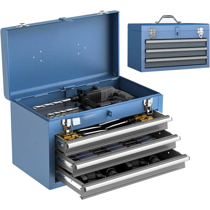 Tool Box with 3 Drawers and Top Storage Tray,Tool Box Cabinet with Steel Safety Lock,Drawer Tool Box with Ball Bearing Slides