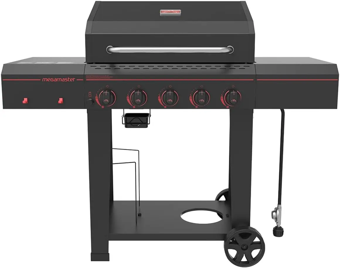 Megamaster 720-0982 5 Burner Propane Barbecue Gas Grill, Side Shelves with Hooks, for Outdoor Cooking, Patio, Garden Barbecue Gr