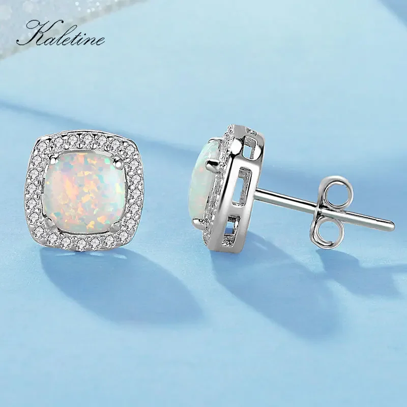 KALETINE Solid 925 Sterling Silver Earrings For Women Square Opal Jewelry Stud Earrings Fashion Jewelry Gift KLTE045