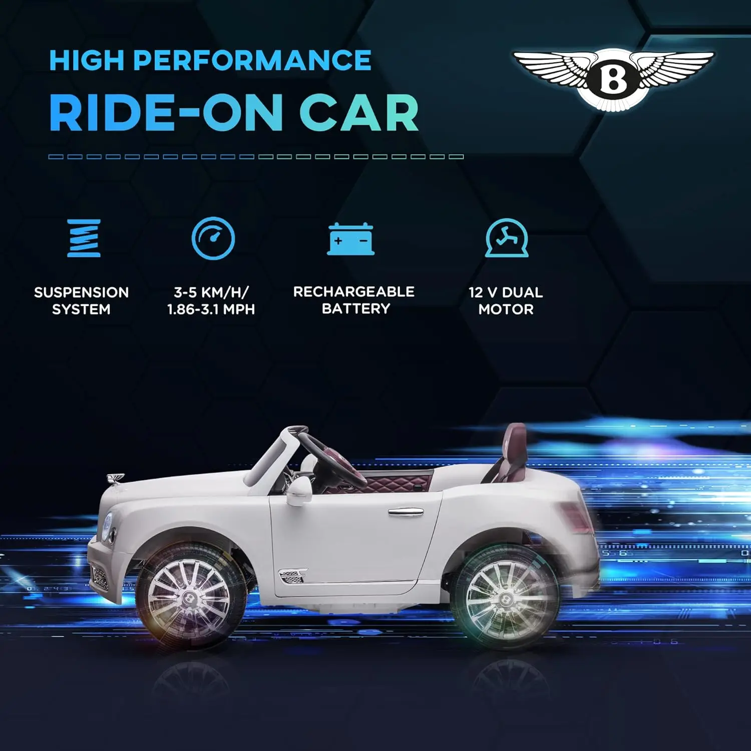 Bentley Mulsanne 12V Ride on Car, samochód zasilany akumulatorem z pilotem, zawieszenie, dźwięk rozruchu, światła LED, MP3, klakson, muzyka