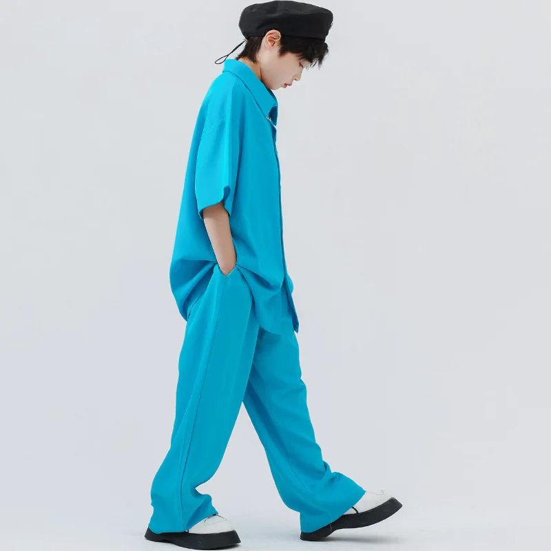 Kid Hip Hop Clothing Blue Oversized Short Sleeve Shirt Wide Casual Street Pleated Pants for Girl Boy Jazz Dance Costume Clothes