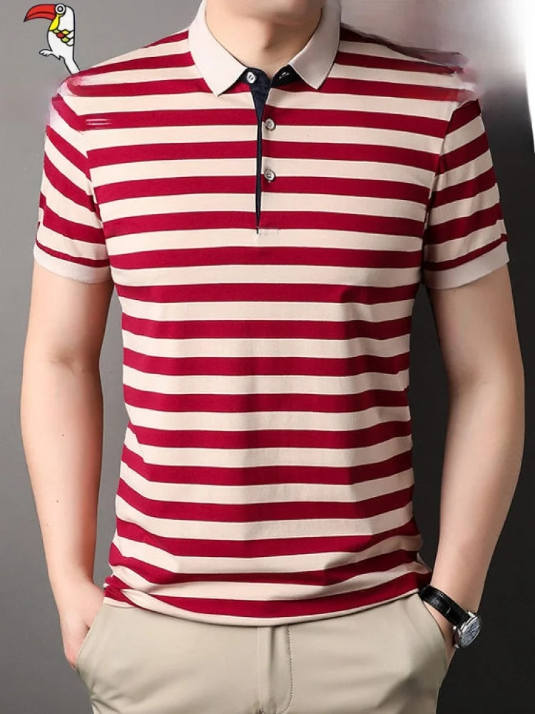 Camisa  Masculina TUCANO com Listras Vermelhas e Brancas, Manga Curta, Nova Coleção de Verão, Casual de Negócios, Gola Co...