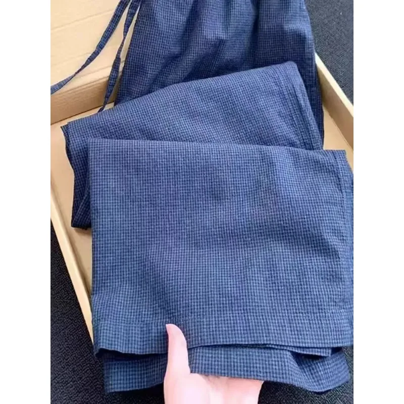 

Women's Vintage Blue Plaid Wide Leg Pants Elastic Waist Drawstring Casual Trousers
