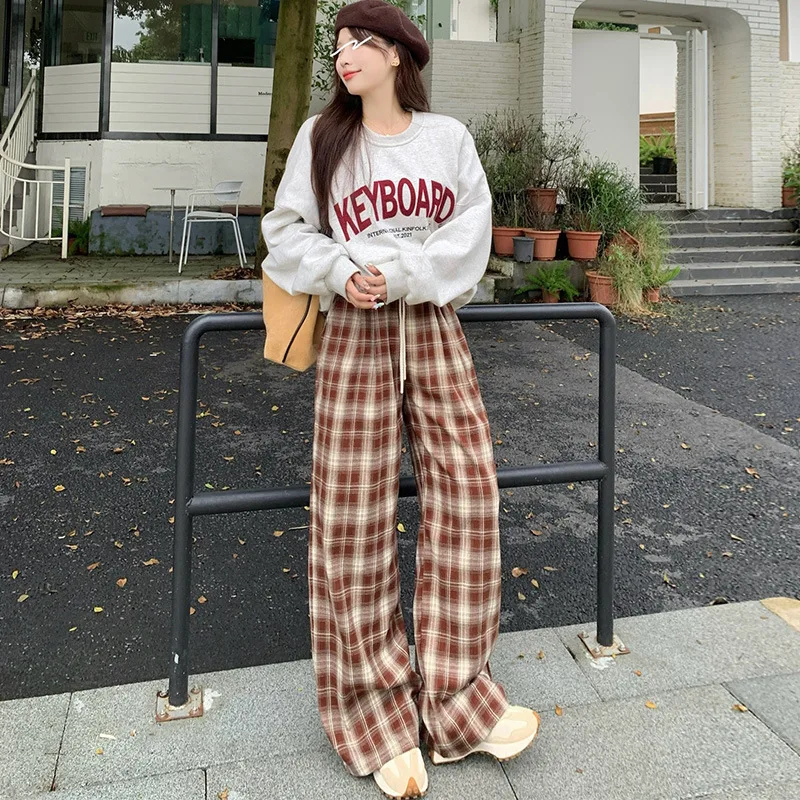 

Plaid Brick Red Casual Plaid Pants High Waist Elastic Adjustment Trousers