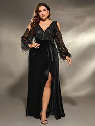 Mgiacy plus size Deep V cross neck off-the-shoulder sequin splicing velvet irregular lotus leaf matching slit dress Evening gown