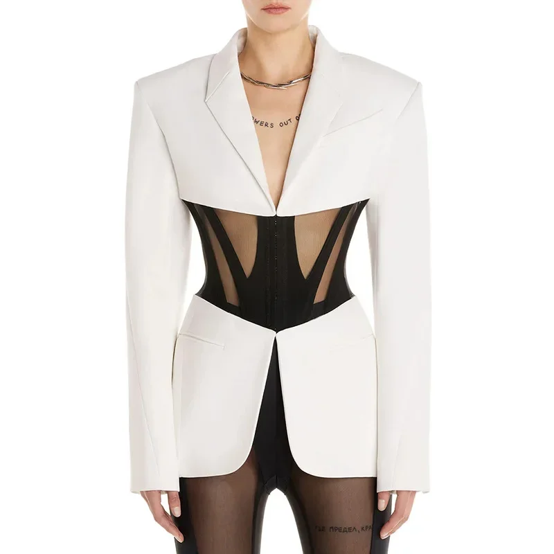 Petit costume de luxe pour femmes, nouvelle mode automne 2021, col en v, Sexy, maille transparente, Blazer chaud pour femmes