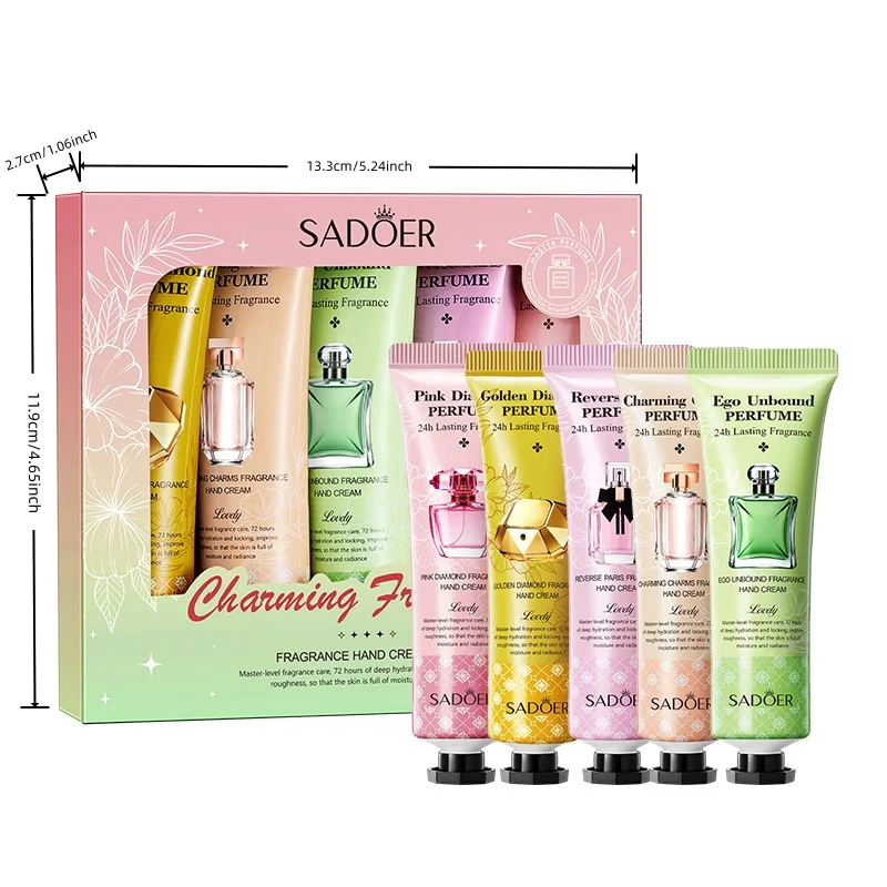 1 Box of 5 Hand Cream Sets, Five Different Styles (Golden Diamond Fragrance Hand Cream 30g, Charming Charm Fragrance Hand Cream 30g, Unbounded Fragrance Hand Cream 30g, Paris Reverse Fragrance Hand Cream 30g, Pink Diamond Fragrance Hand Cream 30g), Compact and Exquisite Packaging, Easy to Carry, a Small Holiday Gift for Your Loved Ones, Family, Friends, Colleagues, and Loved Ones.