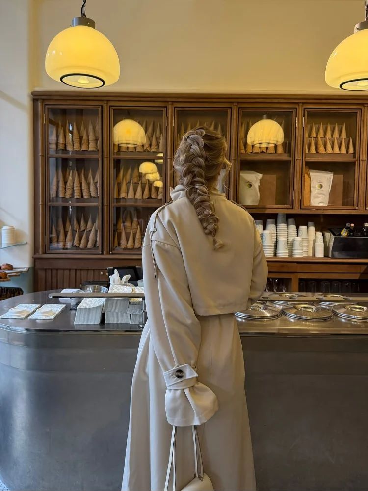 Women Solid Stand Collar Long Trench Coat Casual Double Breasted Full Sleeve Loose Windbreaker 2025 Lady Daily Commute Outerwear