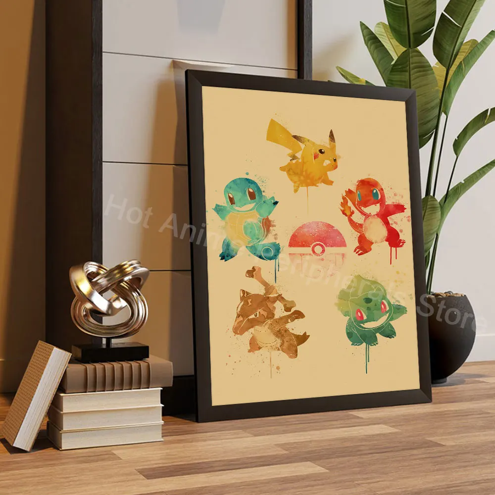 Anime Pokemon alle Charaktere Peripherie geräte Poster Vintage Bild Kunst Wand Pikachu Eeve lutions Leinwand Malerei Geschenk für Kinder
