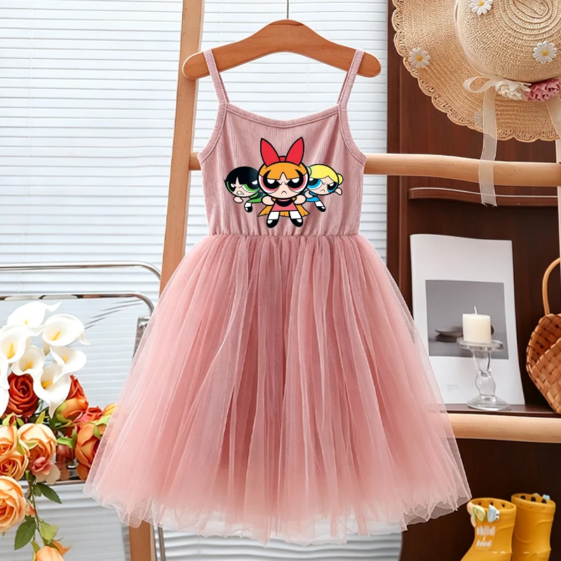 The Powerpuffs Girls Princess Dress Blossom Bubbles Buttercup Anime Straps Dresses Kids Summer Yarn Skirt Children Clothes Gift
