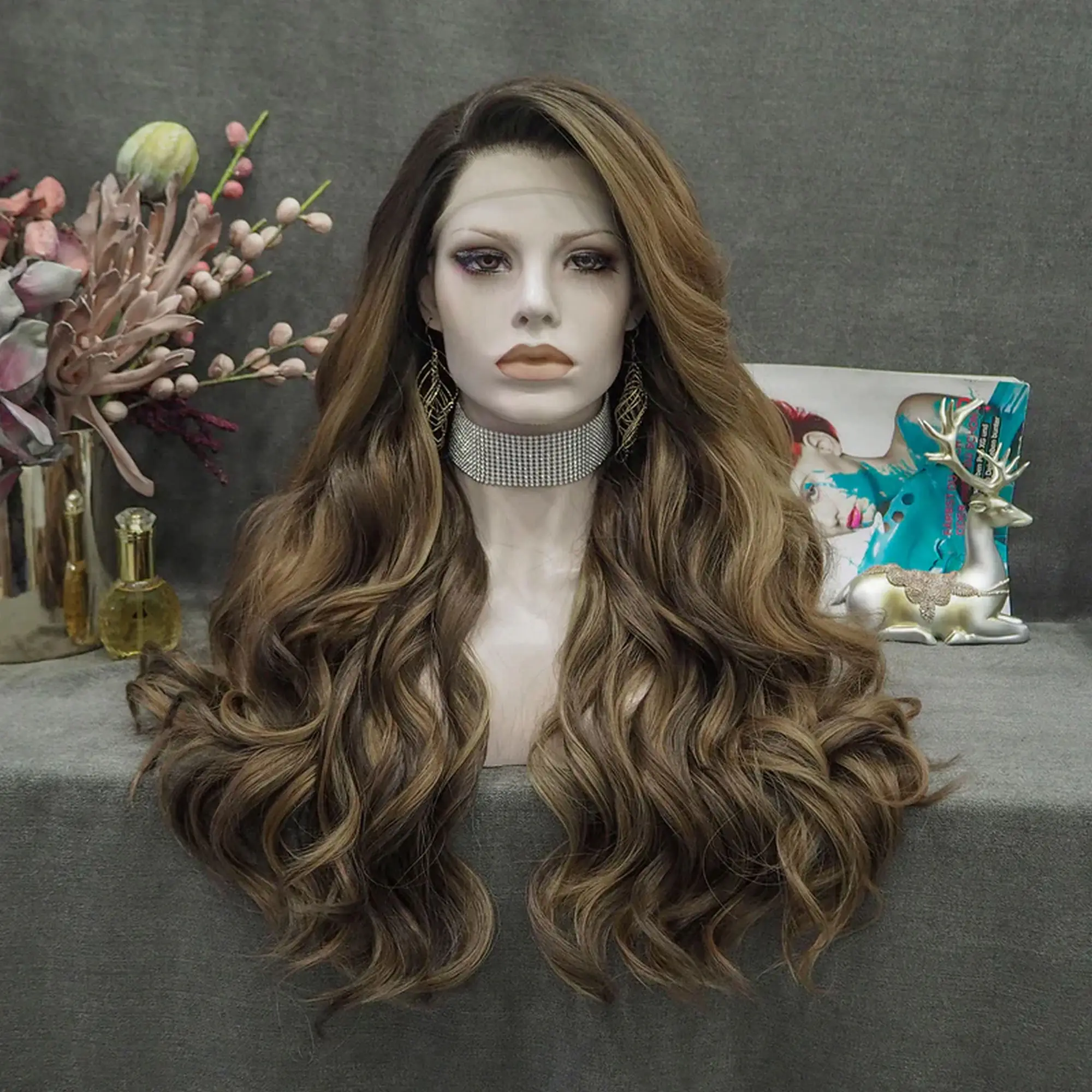 28 Inches Dark Caramel Brown Highlights Balayage Synthetic Lace Frontal Wigs Brunette Long Length Loose Wave Daily Party Wigs