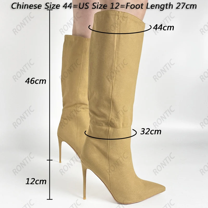 Rontic Handmade Women Spring Knee Boots Faux Suede Unisex Sexy Stiletto Heels Pointed Toe Pretty Camel Party Shoes US Size 5-16