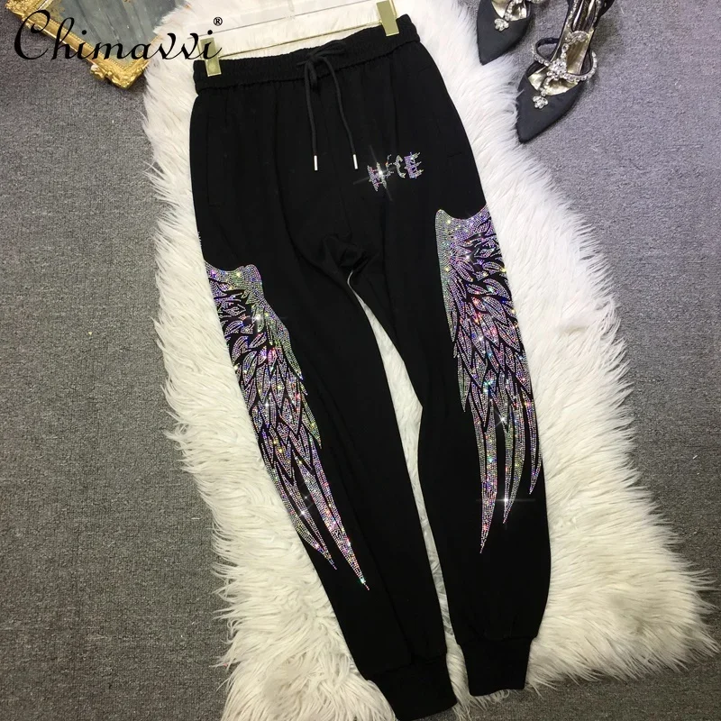 

European Ladies Fashion Casual Embroidery Hot Drilling Sweatpants Women's 2023 spring Streetwear Luxury Ankle-Tied Sports Pants