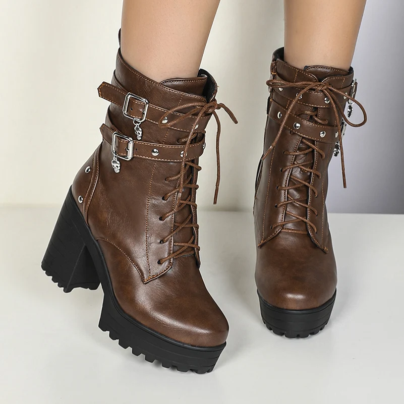 Plus Size Women's PU Leather Ankle Boots High Heel Gothic Combat Boots,Rivet Skull Buckle Strap Lace‑Up Zipper Platform Boots - view 5