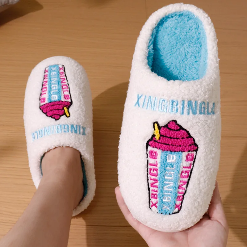 

Cartoon Ice Cream Print Indoor Slippers for Women Winter Plush Warm House Shoes Woman Soft Comfortable Flat Fluffy Slippers 2025