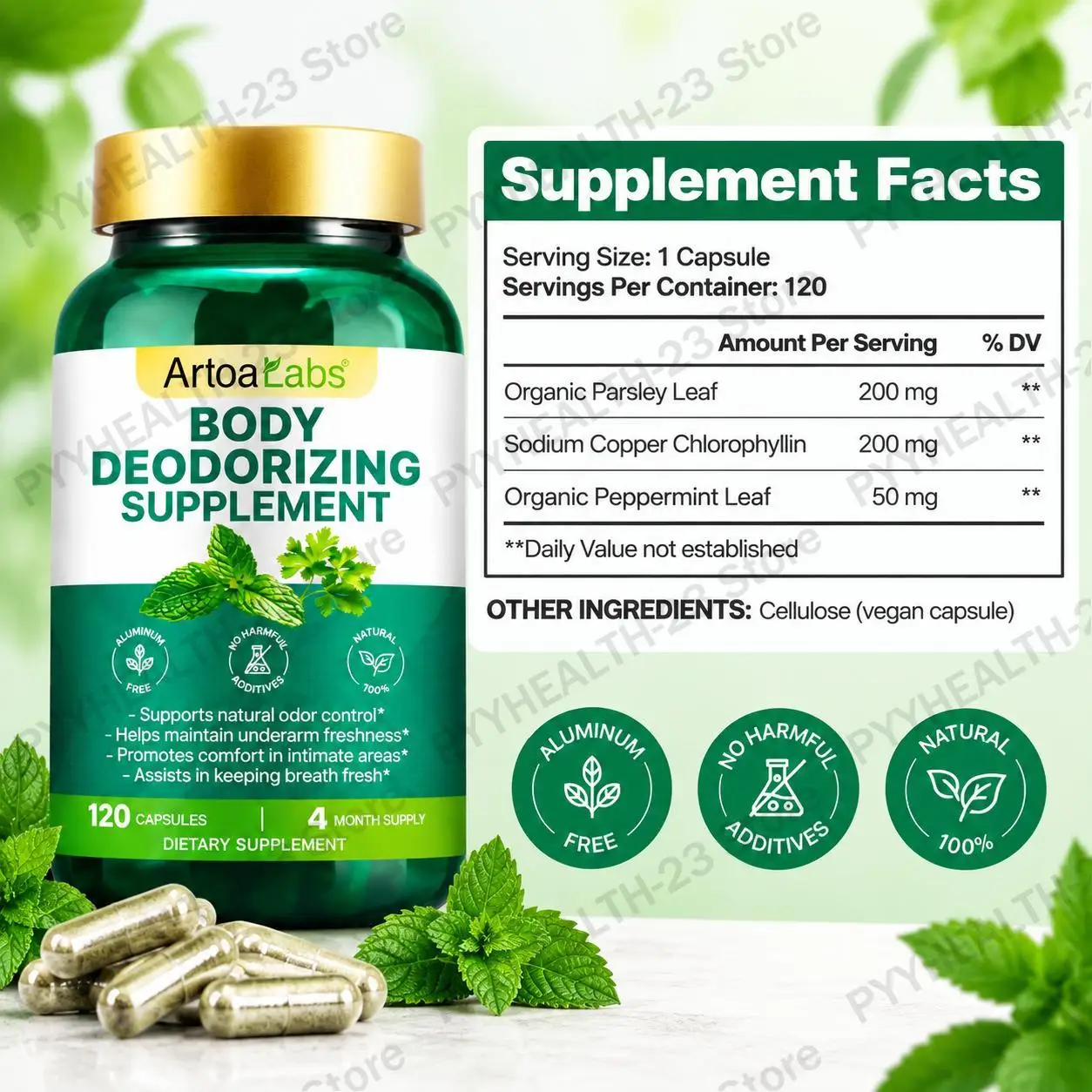 Body Deodorizing Supplement Capsules Underarm Deodorization Body Odor Management Promote Fresh Breathing Natural Organic 120 Pcs