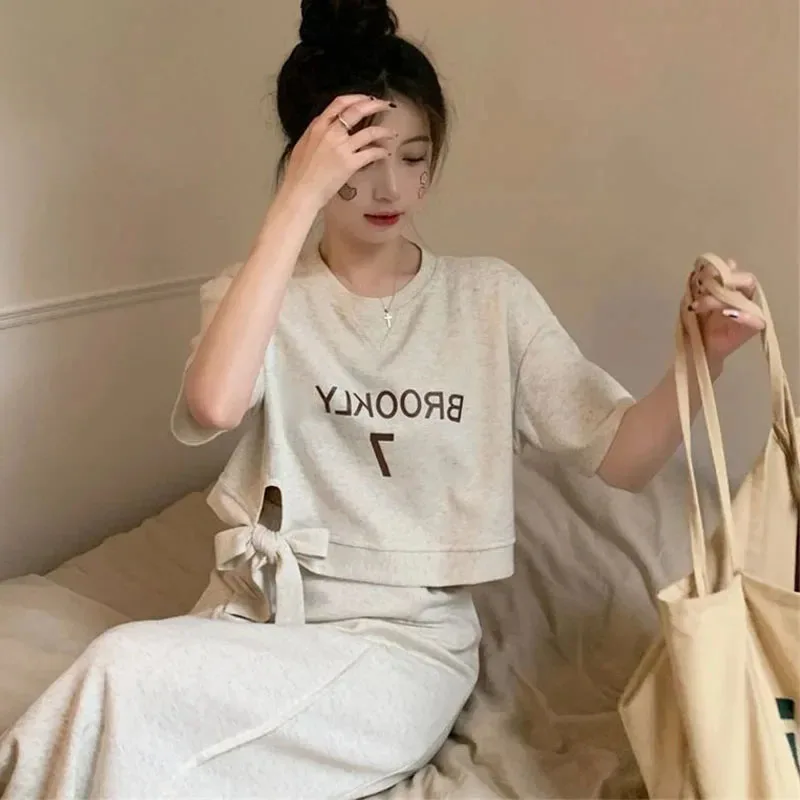 Women Dress Sets Short Sleeve T-shirt+Skirt 2Pcs Suit Letter Print 2024 Summer Fashion Streetwear Female Casual Loose Outfits