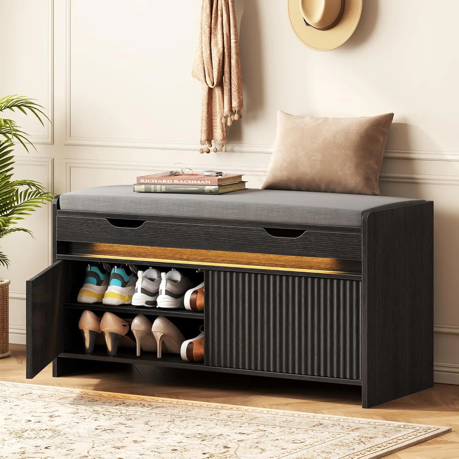 Shoe Storage Bench, Modern Entryway Bench with Fluted Doors & Built-in LED Sensor Light, Wooden Shoe Bench, Customized