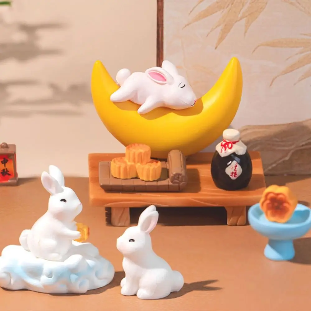 Cute Moon Cake Rabbit Miniatures Realistic Resin Crafts Mid-Autumn Rabbit Ornaments Chinese Style DIY Micro Landscape Decoration