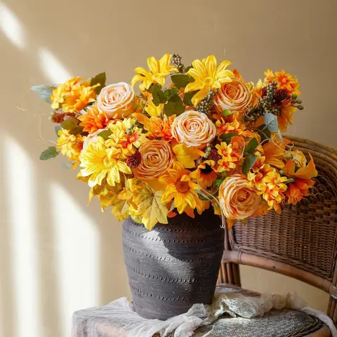 Artificial Bush Sunflowers Faux Fall Chrysanthemums Flower Bouquets Silk Floral Arrangements For Home Room Wedding Thanksgiving