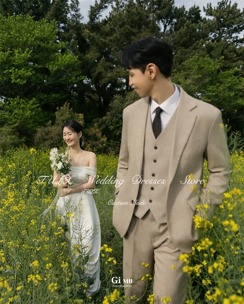 TULX Simple Ivory Korea Wedding Dress Photo Shoot Strapless Sleeveless Corset A line Long Bridal Gowns 웨딩드레스 Customized