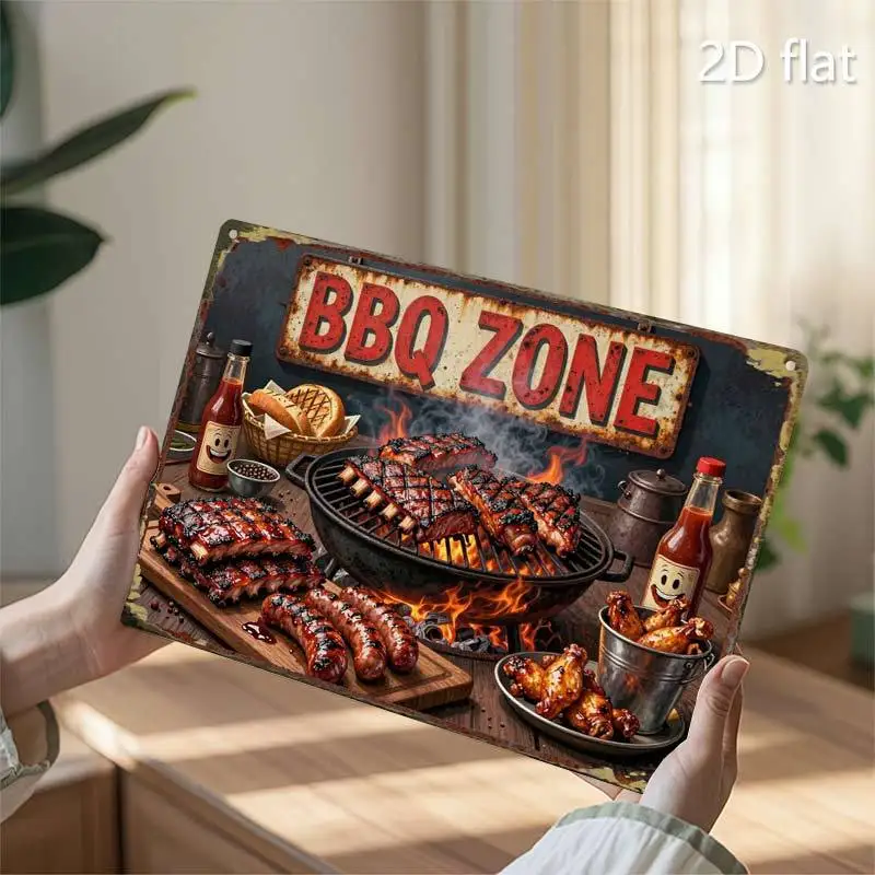 2D Flat Aluminum Versatile Decor Plaque 8x12In,BBQ Zone Ribs & Sausages Creative Metal Sign Gift for Garage Cafe Home Wall Decor