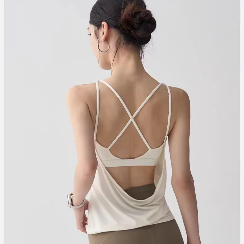 Women Yoga Tank Top Loose Fit U Cut Open Back Built-in Padded Bra Breathable Gym Training Workout Fitness Sports Vest Shirts