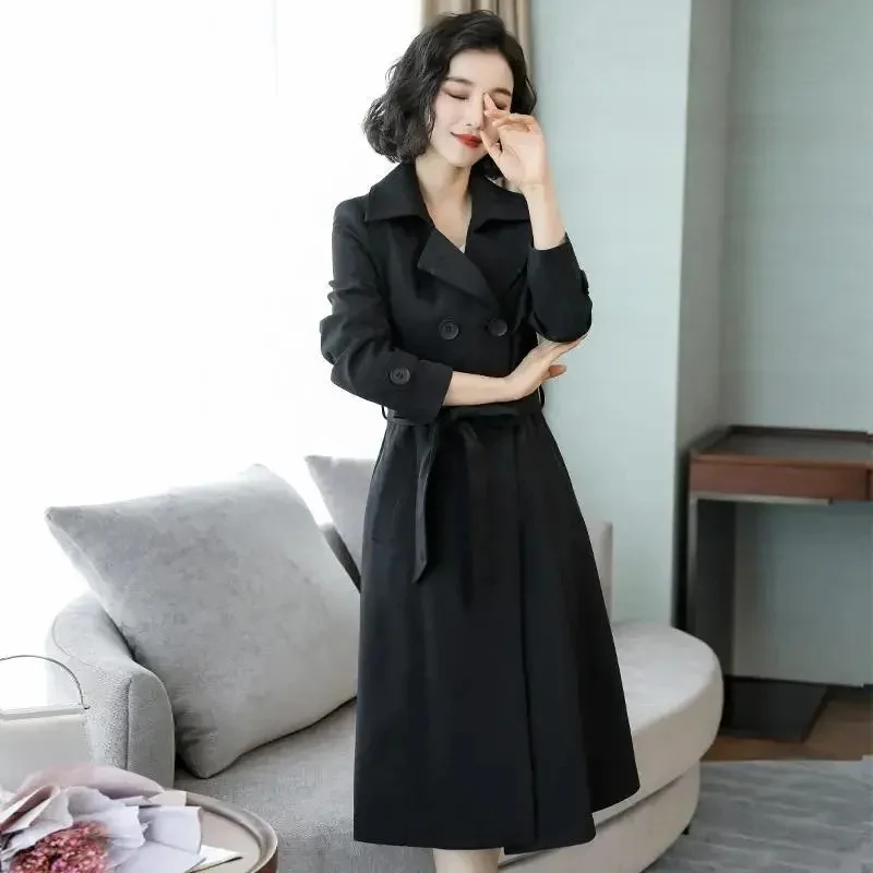 여성 트렌치 코트 봄 2025 새로운 패션 카키 블랙 더블 브레스트 중간 길이 윈드 브레이커 여성 겉옷 Gabardina Mujer