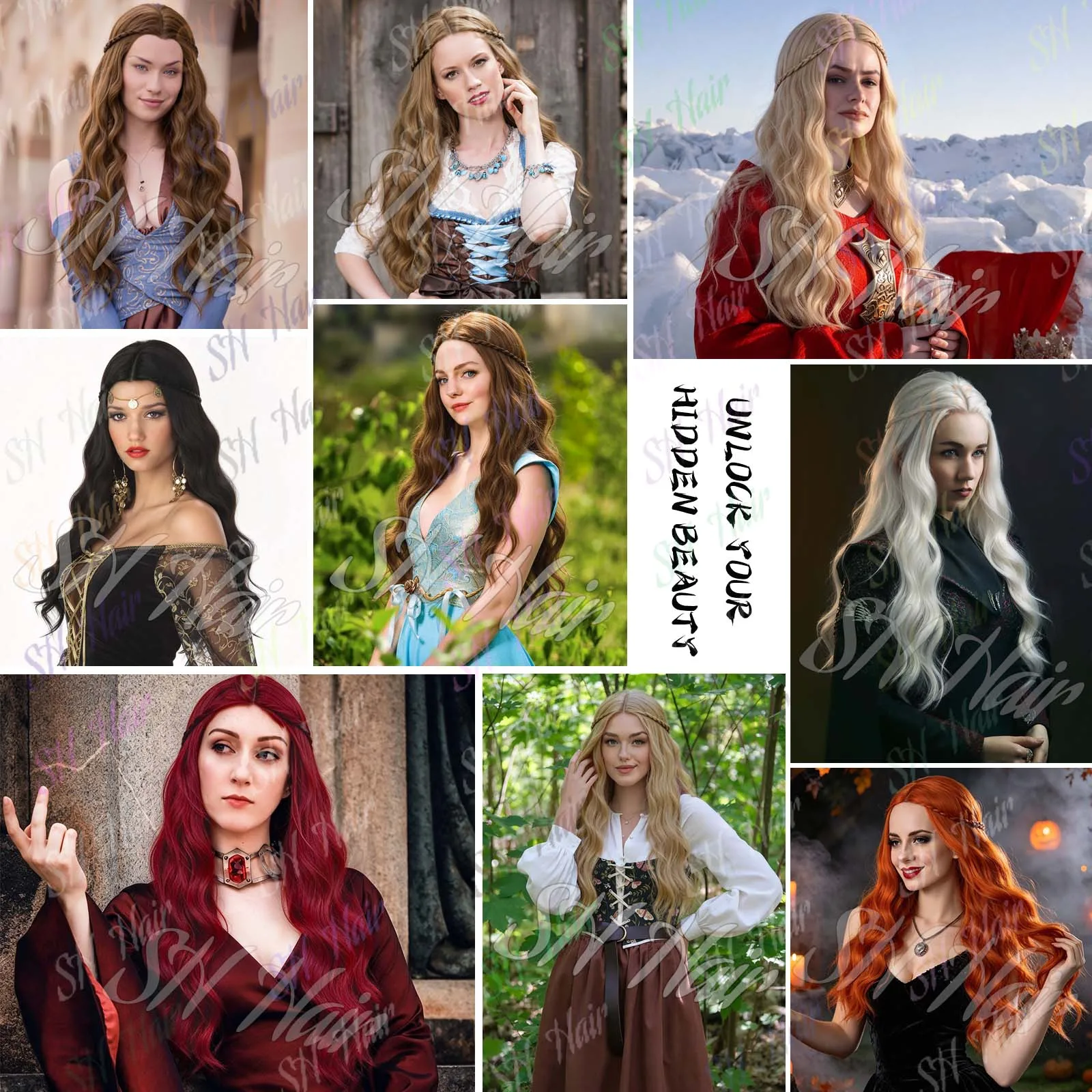 Synthetic Long Red Curly Wavy Wigs for Women, Multi Colored Costume Red Braided Princess Wig for Halloween Cosplay Party Use