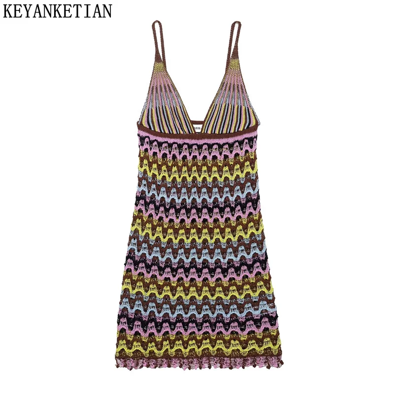 

KEYANKETIAN, новое летнее женское разноцветное платье в волнистую полоску, пляжная одежда, праздничное платье с глубоким v-образным вырезом, тонкое платье с открытыми бретелями