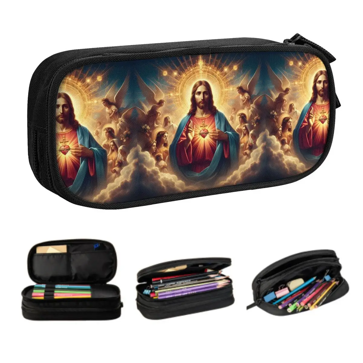 Custom Sacred Heart Of Jesus Kawaii Pencil Case Girls Boys Large Capacity Christian Catholic God Pencil Bag School Supplies