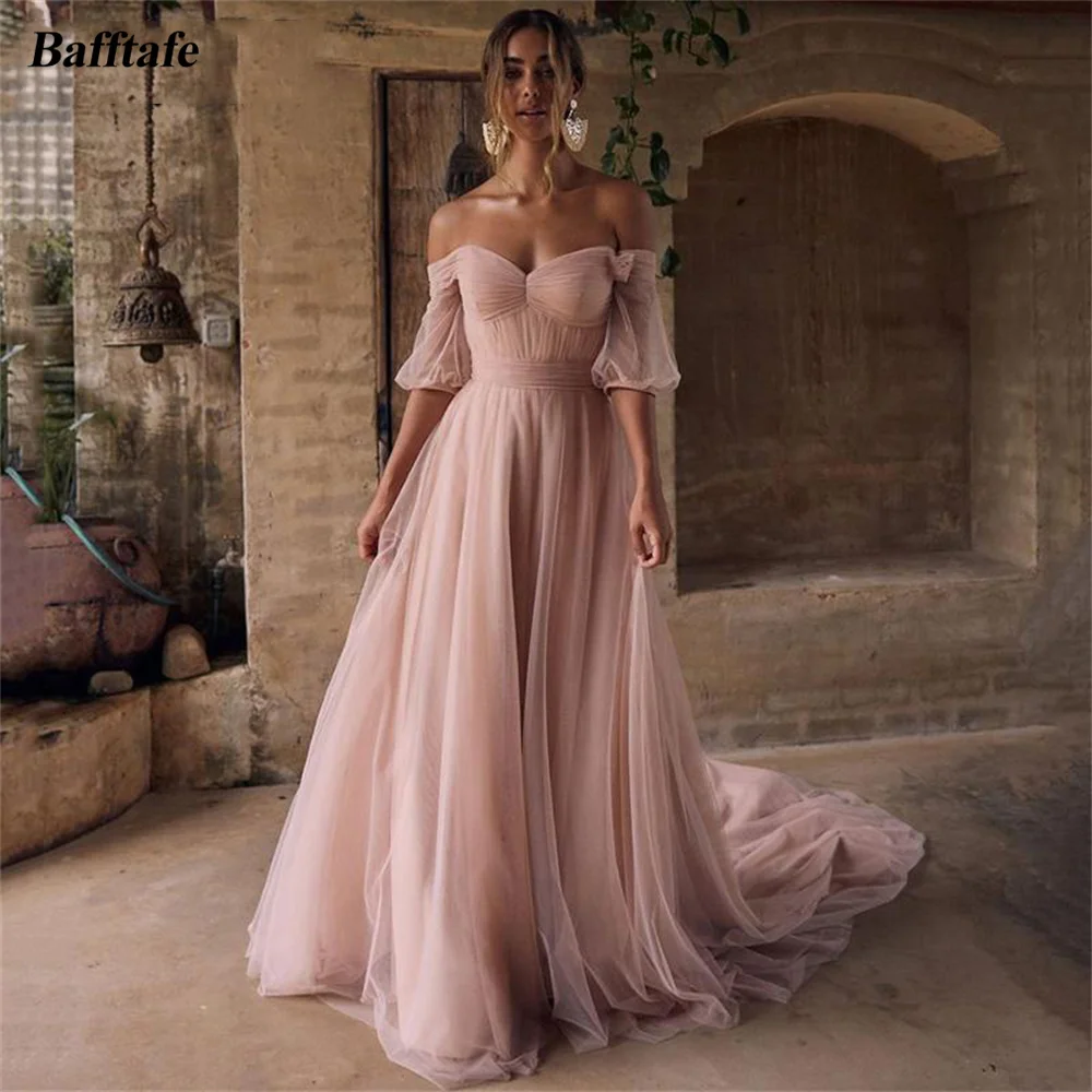 

Bafftafe Customized Pink Tulle Prom Dresses A Line Short Sleeves Evening Dress Split Vintage Women Formal Party Wedding Gowns