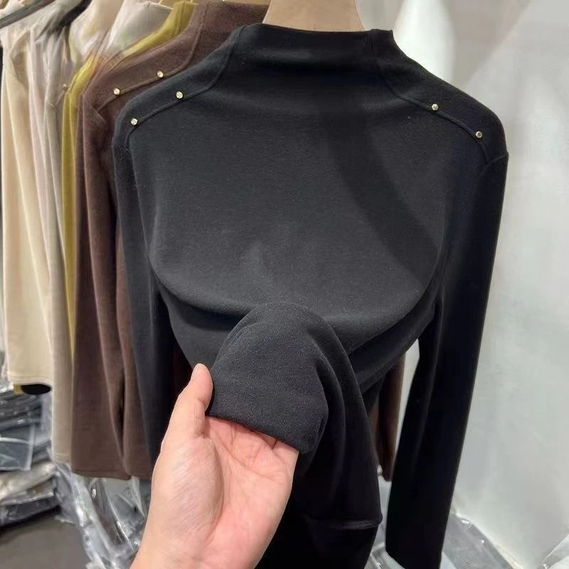 2023 New Half-turtleneck Velvet Undershirt Women's Autumn and Winter Fleece Thick with Long-sleeved Warm Slim T-shirt Blouse