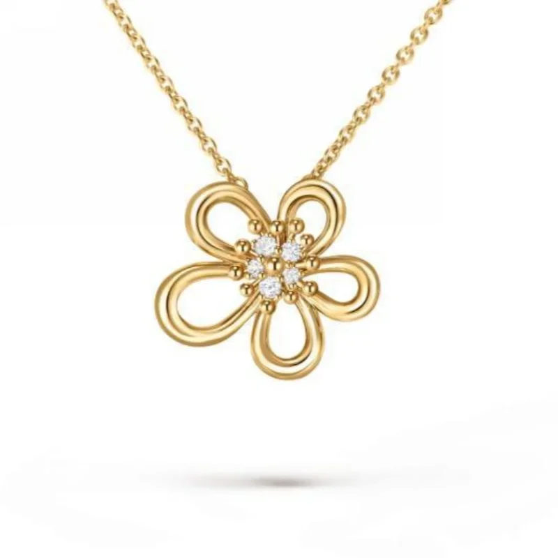 

Gold Plated Open Five-Petal Floral Pendant Necklace with Paved CZ Center Design
