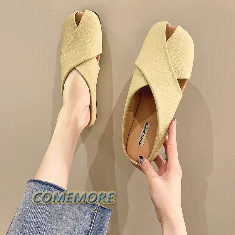 Mixed Colors PU Leather Women Slippers Elegant Open Toe Shallow Striped Non-Slip High-Heeled Slides Designer Fish Mouth Sandals