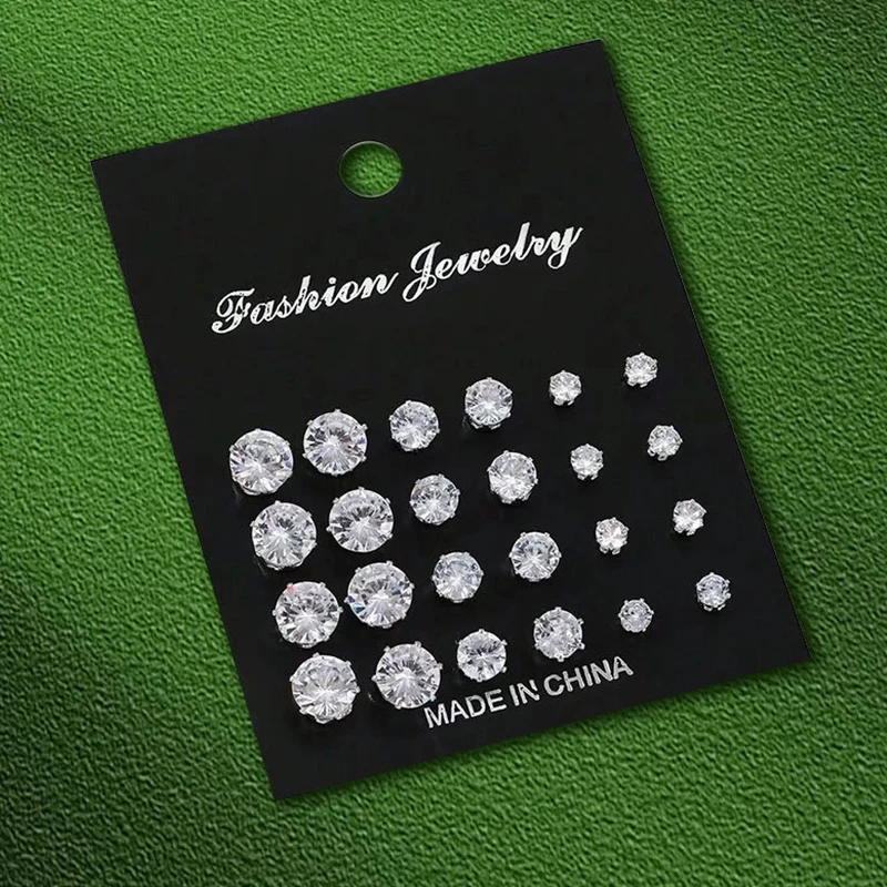 12 Pairs Set Stainless Steel Silver Color CZ Gemstone Buds Round Stud Earrings Unisex Fashion Jewelry Accessories Gifts