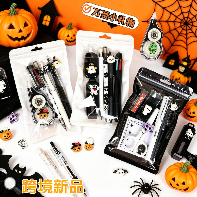 Black White Halloween Stationery Kit Writing Supplies Gift Set for School Students with Pens Pencils Eraser Ruler view 5