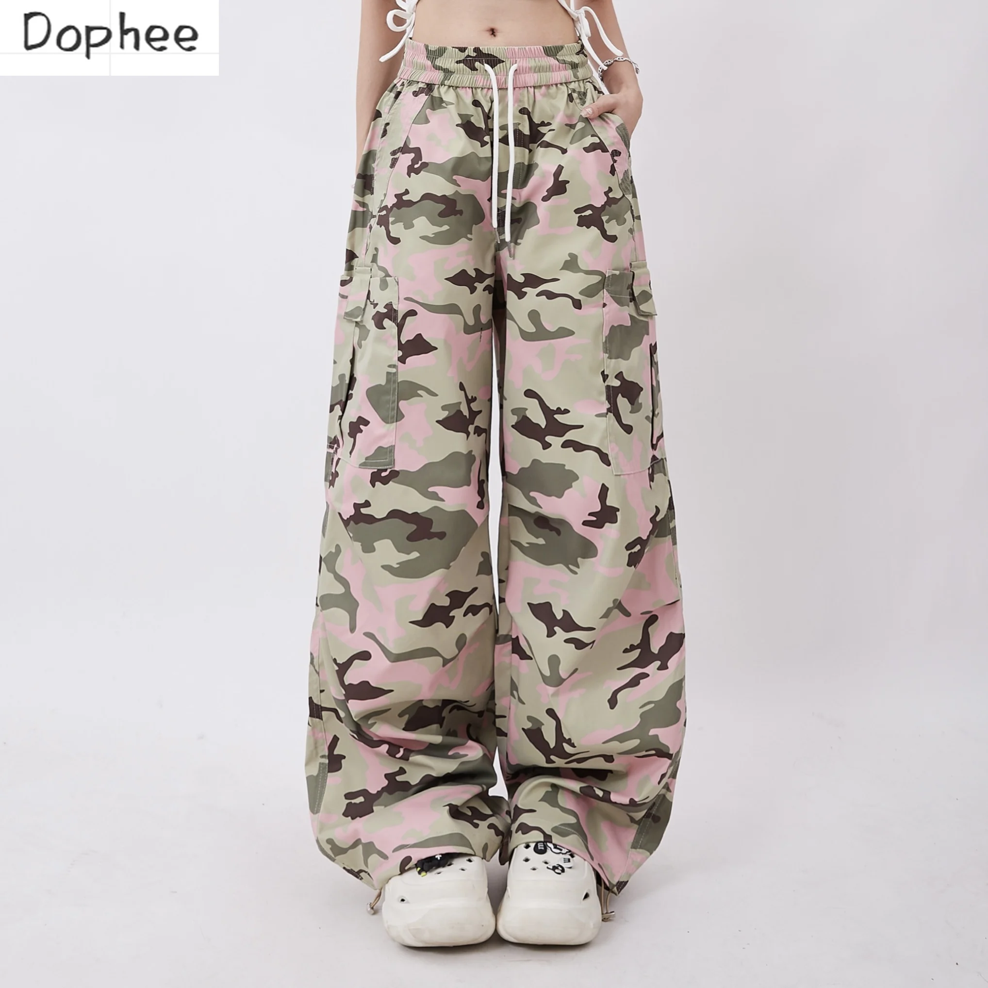 

Dophee Dopamine Camouflage Overalls Women American Style Hot Chick Large Pocket Drawstring Straight Cargo Pants Casual Trousers