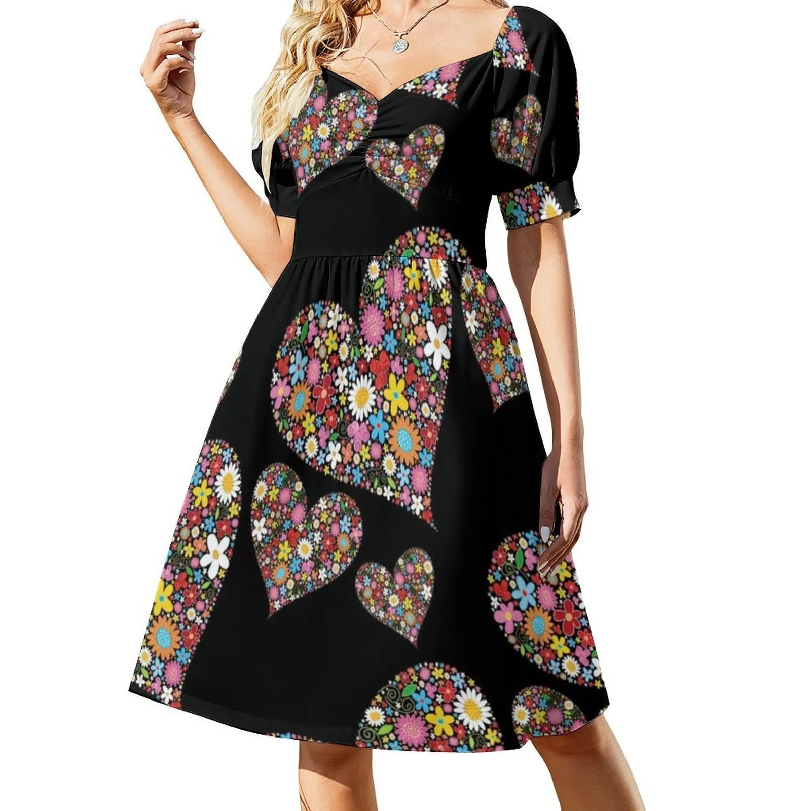 زهور الربيع غريب الأطوار قلوب عيد الحب الثلاثية؟ فستان بوهيمي بدون أكمام للنساء مطبوع عليه فساتين حفلات الشاطئ Fatfatin