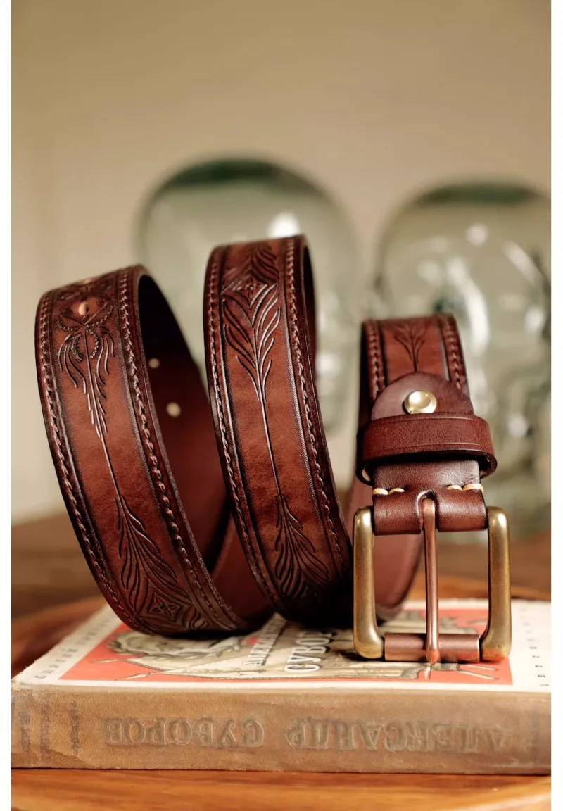 

Мужские повседневные джинсовые ремни из натуральной кожи на каждый день, кожаный ремень ручной работы в стиле ретро с резьбой 1,37 дюйма в американском стиле с подарочной коробкой