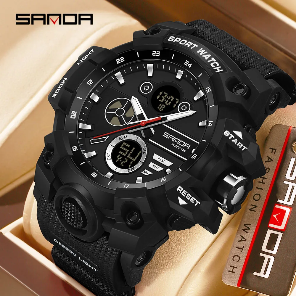 SANDA 9094 New Classic Men's Military Watch Double Time Glow Waterproof TPU Band Chronograph Day Sports Wristwatch Male
