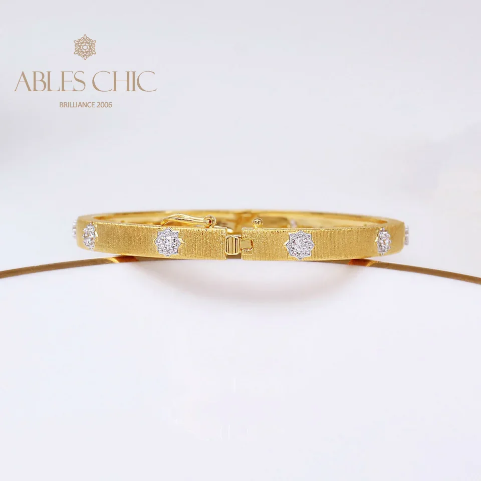 ABLES CHIC Bezel Set Zircon Flowers Stars Hinge Bangle Brushed Silver Silky Gold Tone 5mm Narrow Band Clasp Vintage Bracelet