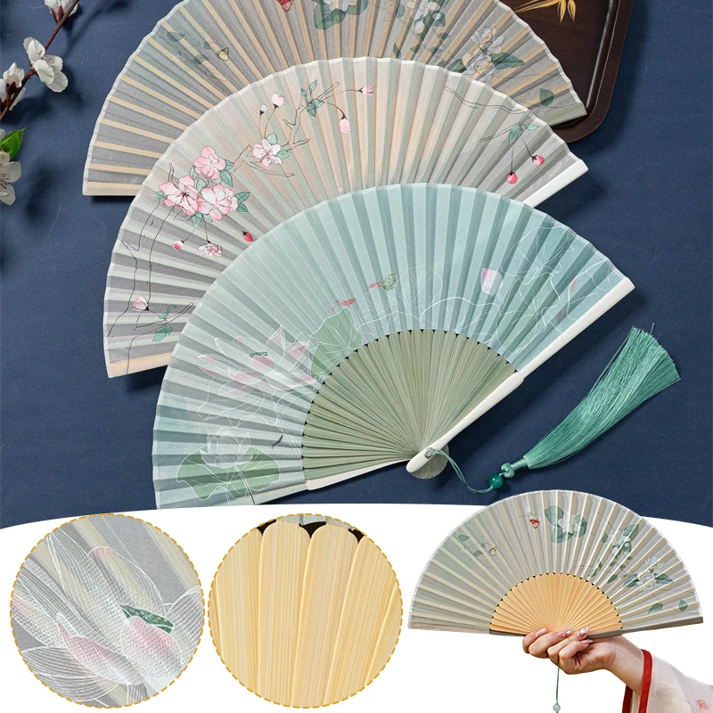 

Vintage Chinese Style Folding Fan Ancient Hanfu Bamboo Hand Fan Classical Dance Fan With Tassel Home Wedding Decor Craft Fans