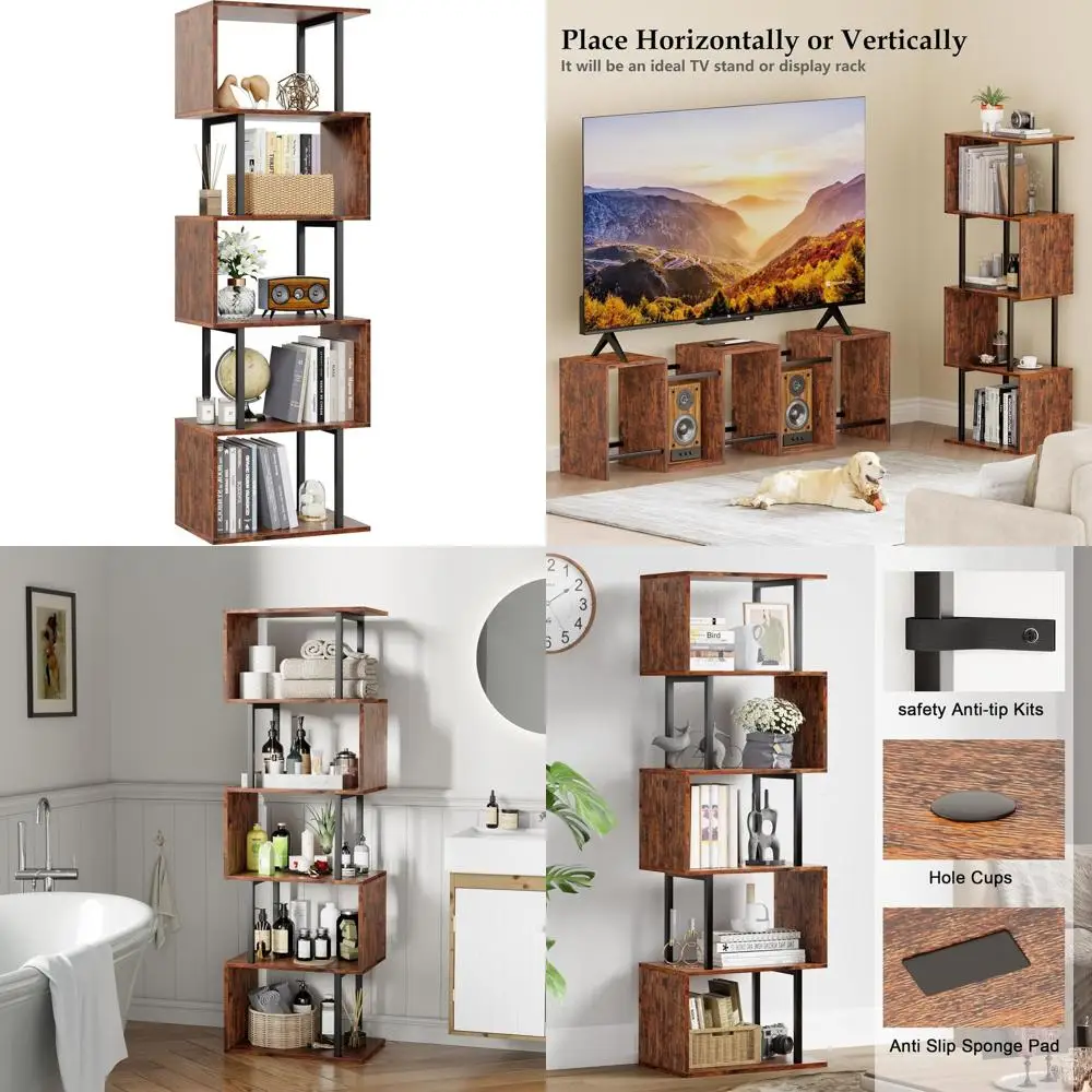 

6-Tier S-Shaped Geometric Bookcase, Tall Wooden Metal Decorative Shelf for Living Room, Bedroom, Office, Rustic Brown