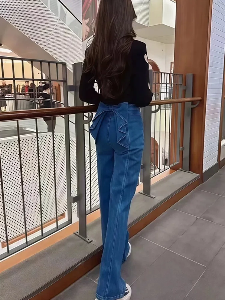 Lâche Bf paresseux Sle taille haute jambe large jean droit noeud Denim pantalon décontracté pantalon évasé pour les jeunes femmes