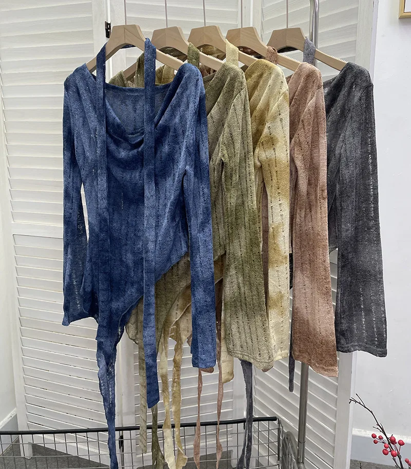 Women's Chic Vintage One-shoulder Long-sleeved Top with Ripped Holes Slightly Transparent Irregular Ribbon Knitted Shirt 8098